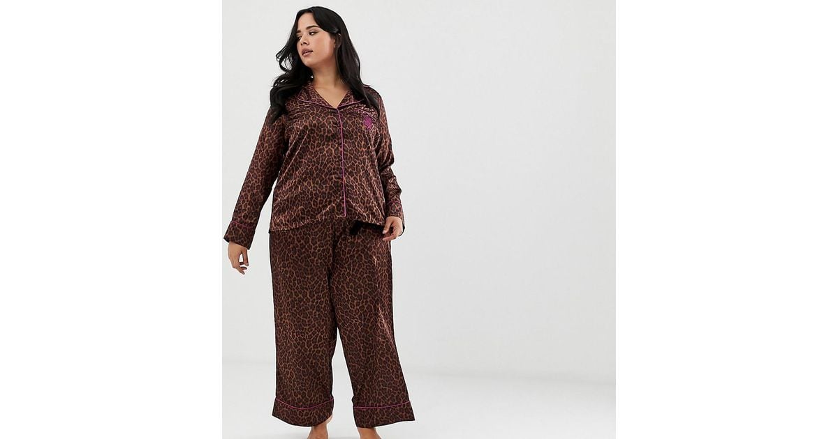 Womens Off White Satin Leopard Pyjama Ladies Animal Print Trousers PJ/'S Nightwea