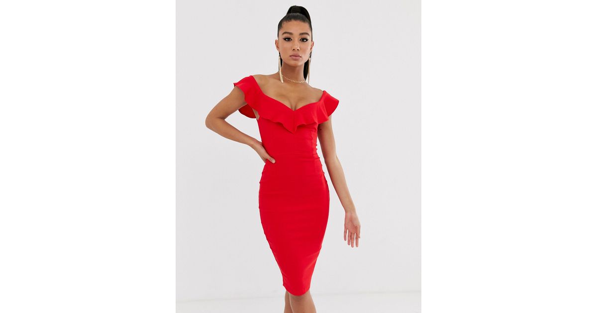 Vesper – Eng anliegendes Kleid mit Sweetheart-Kragen und Rüschen in Rot |  Lyst DE