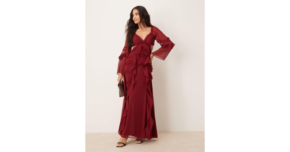 ASOS Ruffle V Neck Long Sleeve Maxi Dress in Red | Lyst