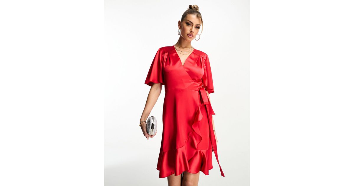 Flounce London Wrap Front Mini Satin Dress With Flutter Sleeves in Red ...