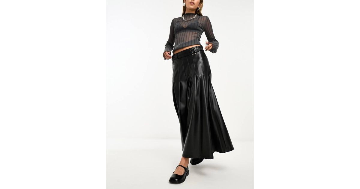 River Island Belted Pleat Faux Leather Midi Skirt in Black Lyst UK