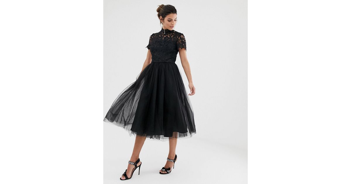 Chi Chi London High Neck Lace Midi Dress With Tulle Skirt in Black | Lyst UK