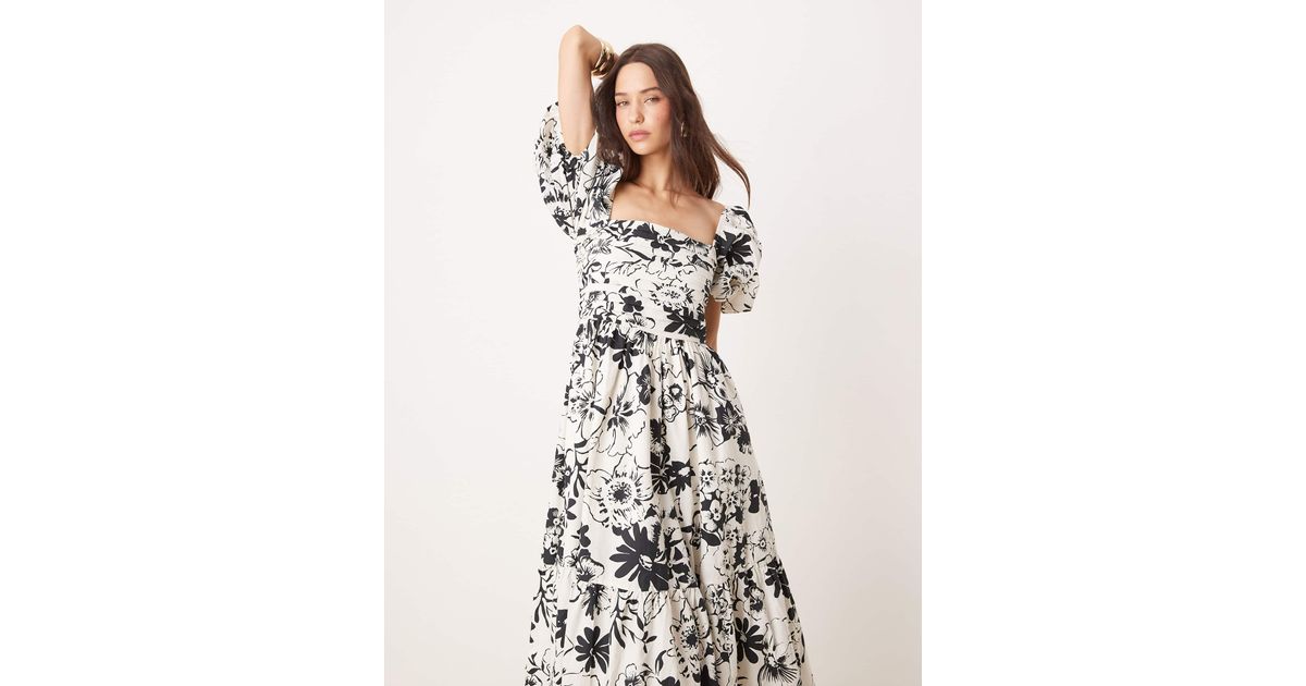 Abercrombie & Fitch Emerson Floral Midi Dress With Puff Sleeves in White |  Lyst Canada
