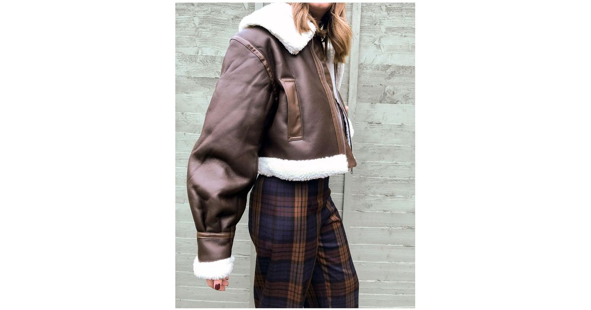 ASOS Cropped Aviator Jacket in Brown | Lyst