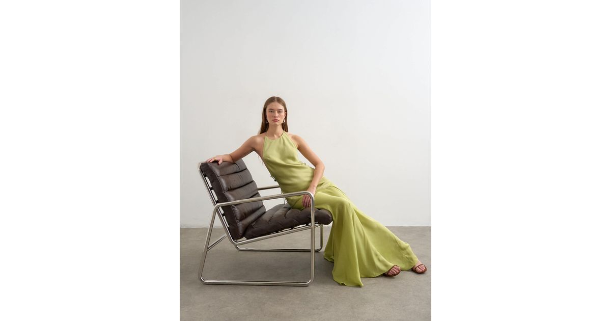 green halter neck dress topshop TOPSHOP Satin Halter Neck Maxi Dress Beaded Back Detail in Green