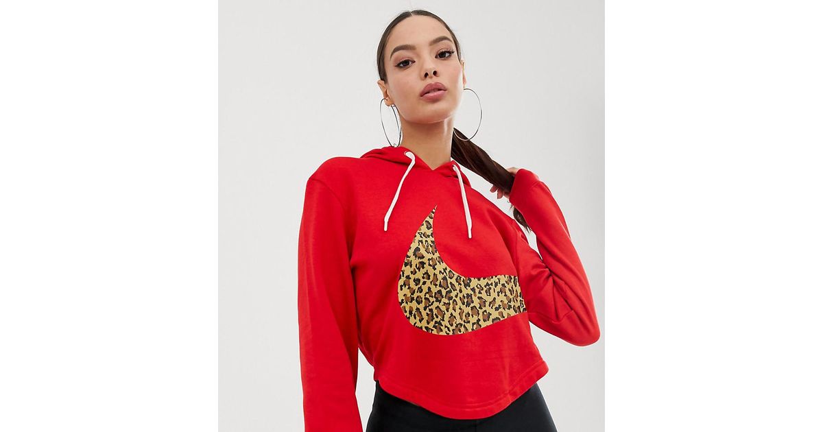 Nike Red Oversized Leopard Swoosh Crop Hoodie | Lyst
