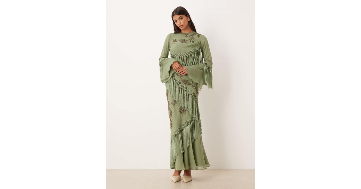 ASOS Long Sleeve Floral Embellished Maxi Dress With Draped Fringe in Green  | Lyst
