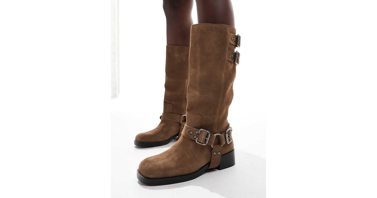 Stradivarius Leather Biker Boot in Brown Lyst