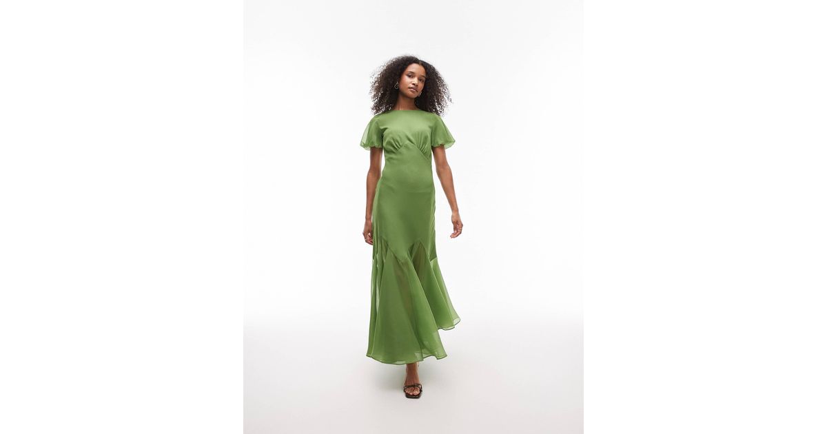 TOPSHOP Ruffle Sleeve Volume Hem Maxi Dress in Green | Lyst