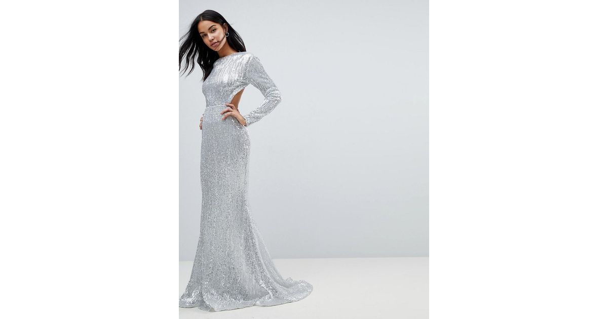 long sleeve silver maxi dress