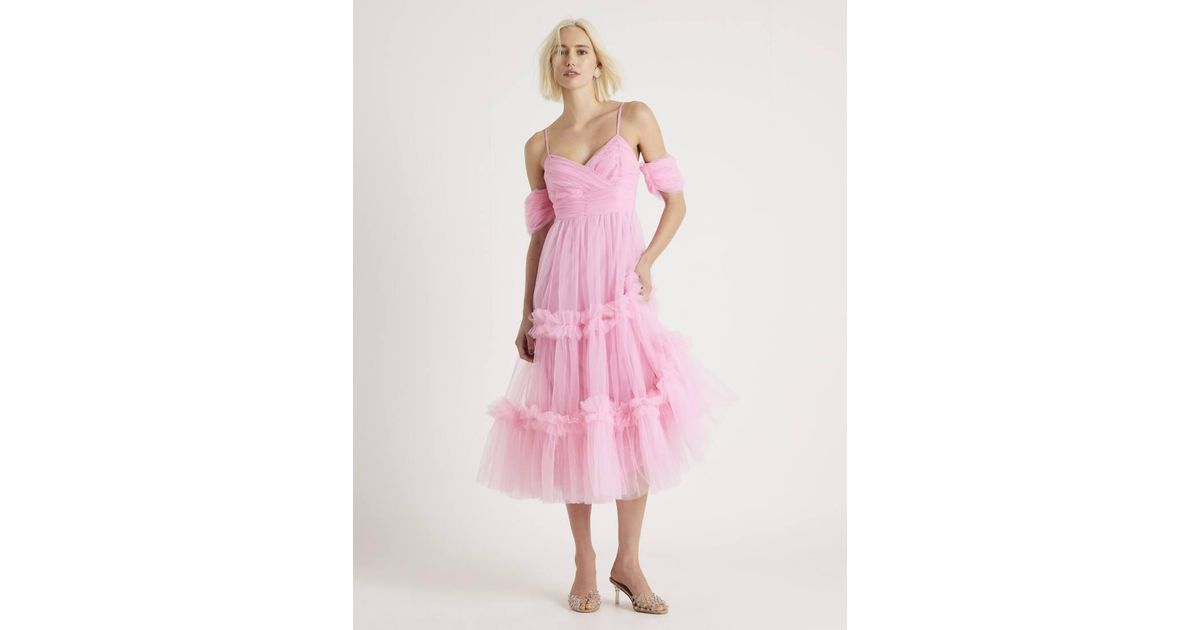 river island midi dress with ruffle detail in pink floral River Island Linen Shirred Midi Dress