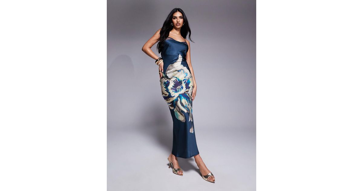ASOS Lace Insert Satin Maxi Dress With Tie Back in Blue | Lyst