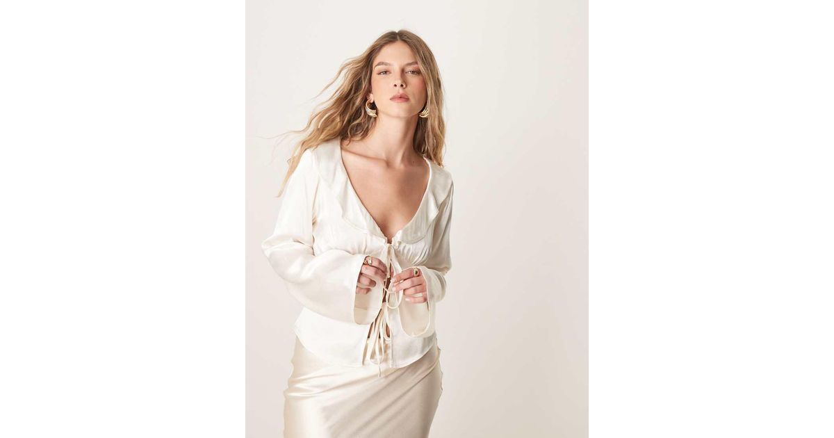 Reset Satin Brown Bronze Ruffle & Tie Neck Long Sleeve Blouse