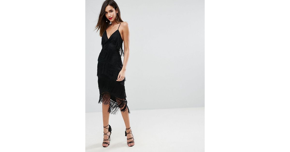 fringe mesh strappy midi bodycon dress