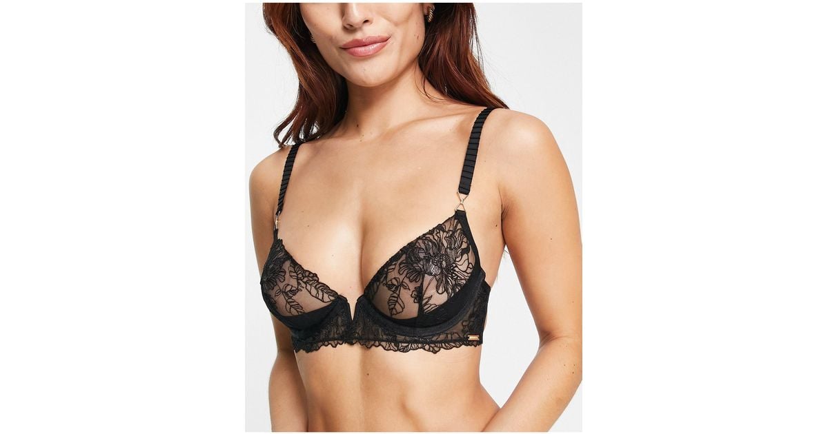 Bluebella Mirabel Delicate Floral Embroidered Mesh Plunge Bra With V Wire  Detail in Black