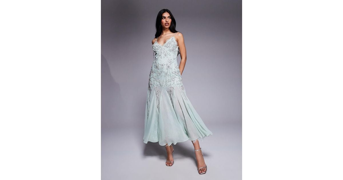 knee length dresses for ladies Rent Asos Edition Puff Sleeve Midi Dress With Cut Out Back And Beaded  Embroidery In Blue main image 1
