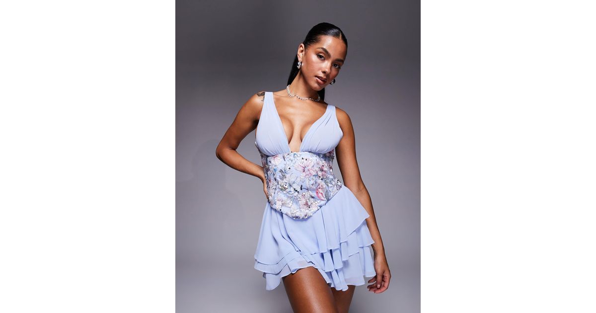 white christmas dresses Valeria Embellished Corset Open Back Long Sleeve Mini Dress in Cobalt Blue main image 0