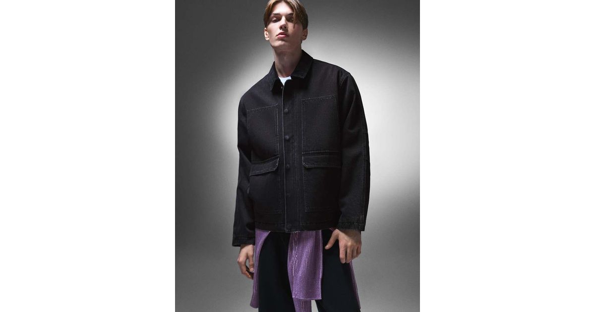 Giacca Di Jeans Nera Con Tasche da Uomo di Bershka in Grigio Lyst