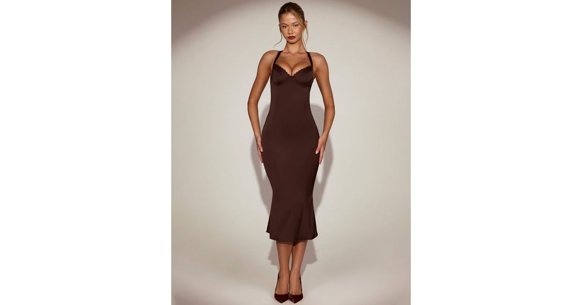 Oh Polly Elyra Satin Lace Trim Halter Neck Fishtail Midaxi Dress in Brown |  Lyst