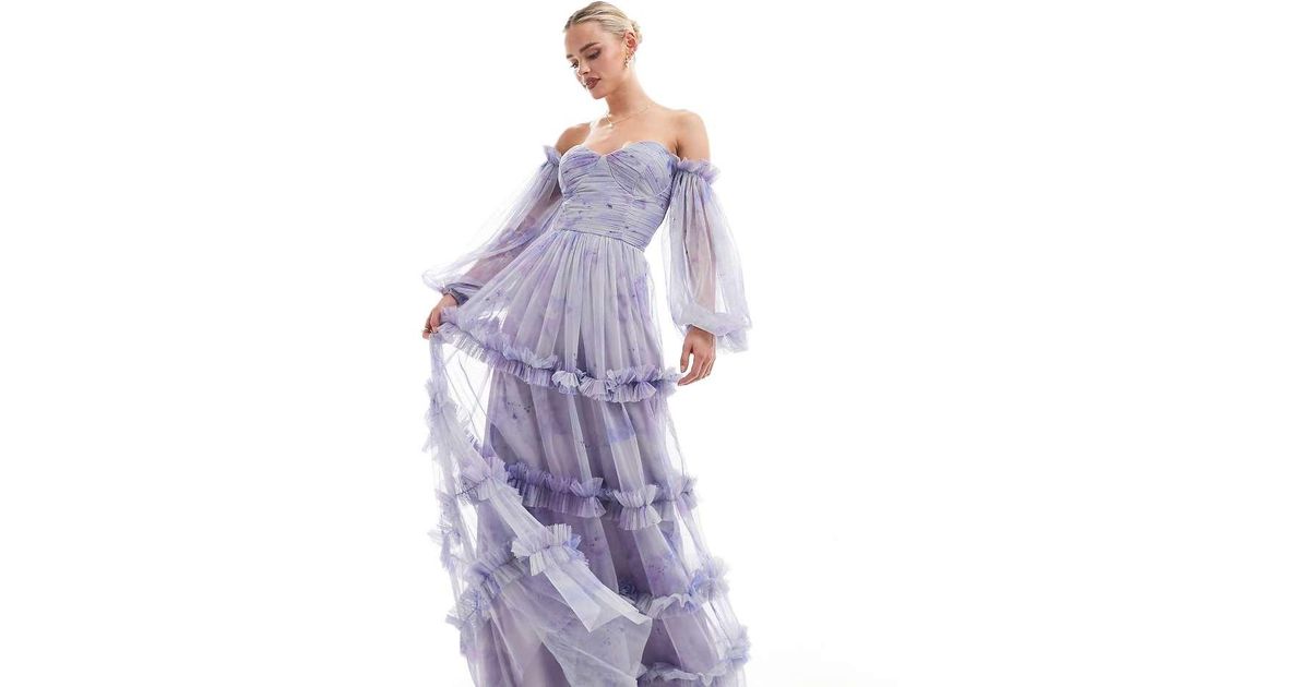 Vestido Largo Lila Pastel De Manga Larga Con Estampado Floral Y