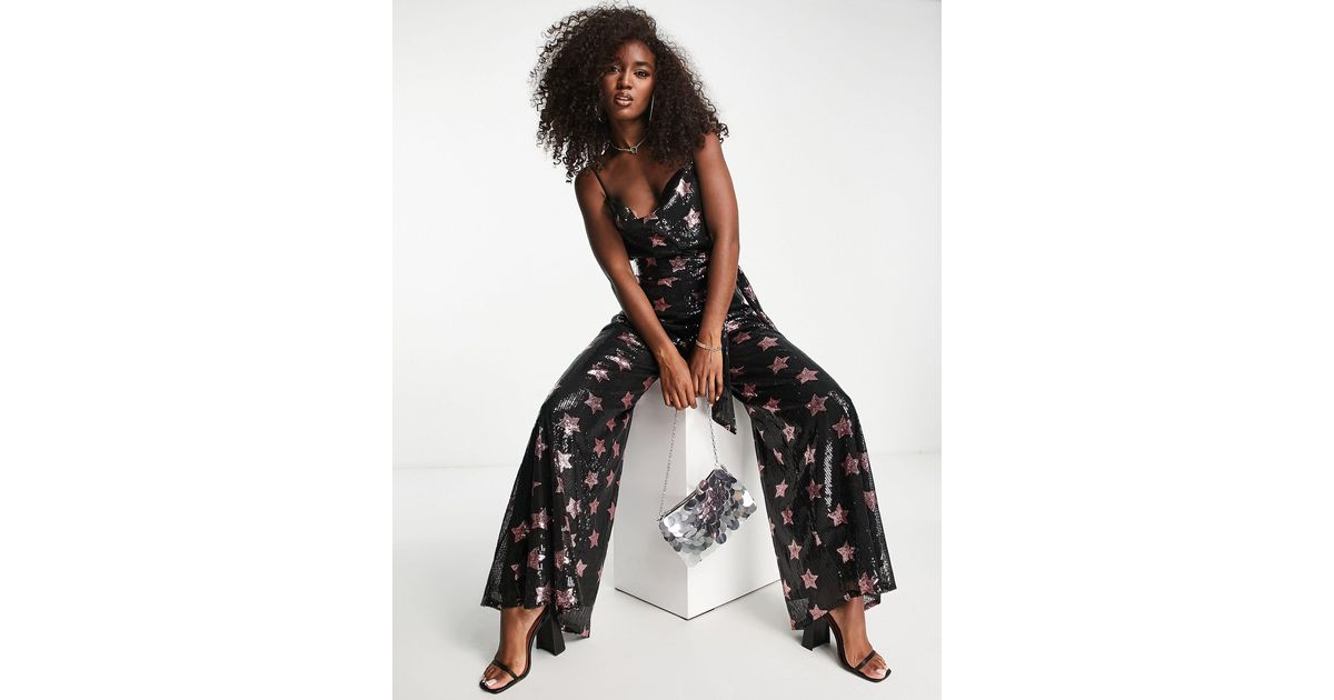 Style Cheat Exclusive Cowl Neck Wide Leg 70s Jumpsuit in Black | Lyst