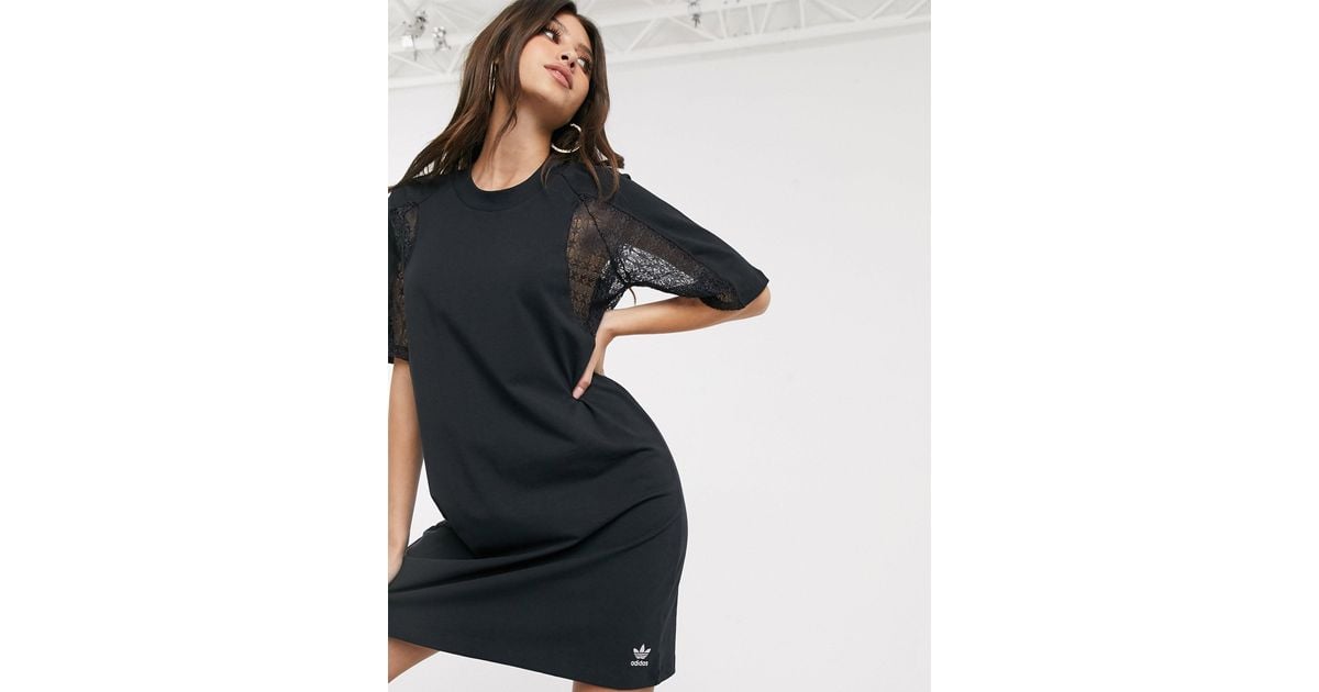 adidas Originals Bellista Lace Insert T-shirt Dress in Black | Lyst