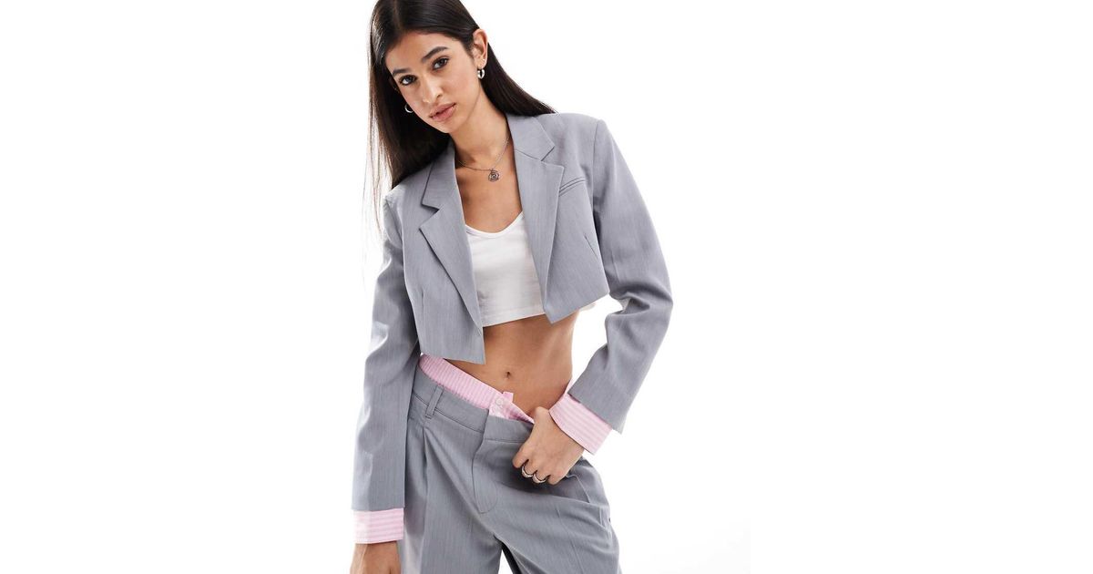 Bershka Striped Cuffs Cropped Blazer Co-Ord in Grey Lyst UK
