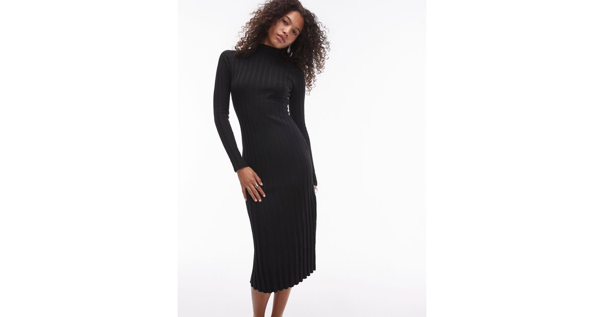 Mango High Neck Long Sleeve Ribbed Midi Dress in Black