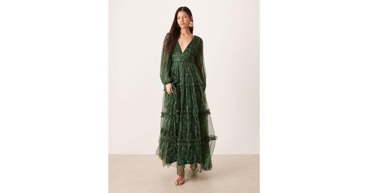 green lace bell sleeve dress & BEADS Deep V-neck Sheer Maxi in ball gown Quinceanera Dresses