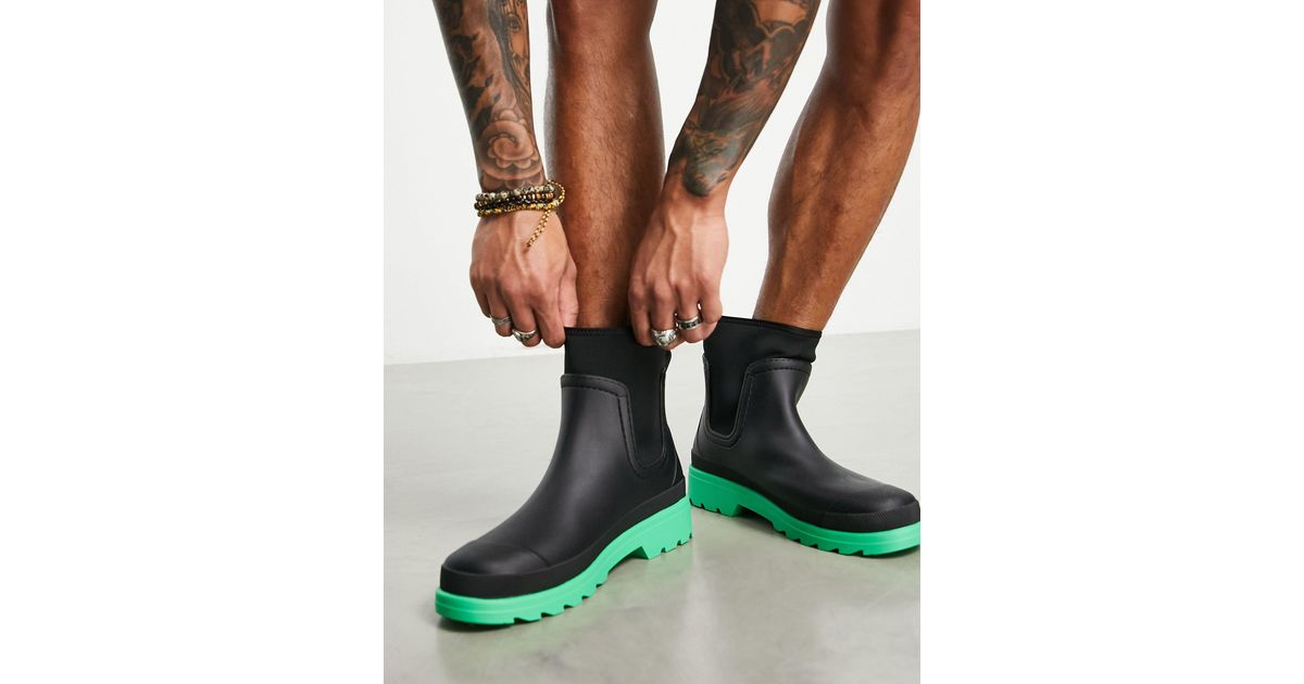 Asos Uomo Scarpe Stivali Stivali di gomma Stivali da pioggia neri con suola verde a contrasto 