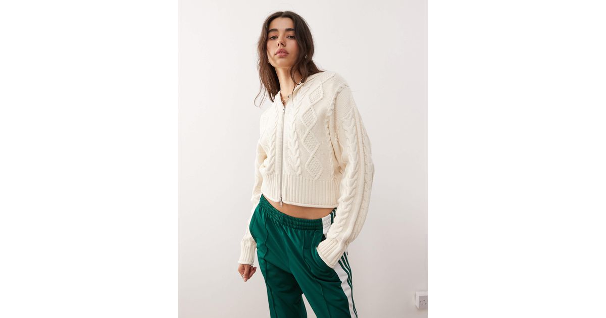 Monki 05913267 Monki Cable Knit Hooded Cardigan With Double Zip Detail in White | Lyst