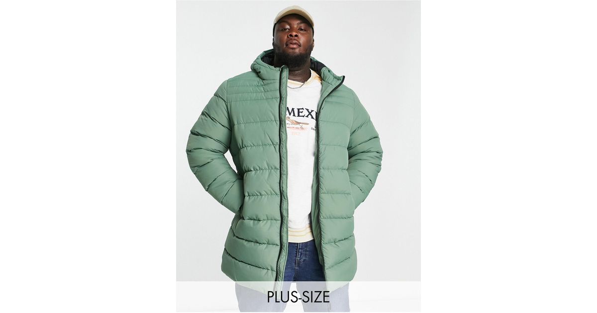 Threadbare Plus Longline Puffer Jacket With Hood in Green for Men | Lyst