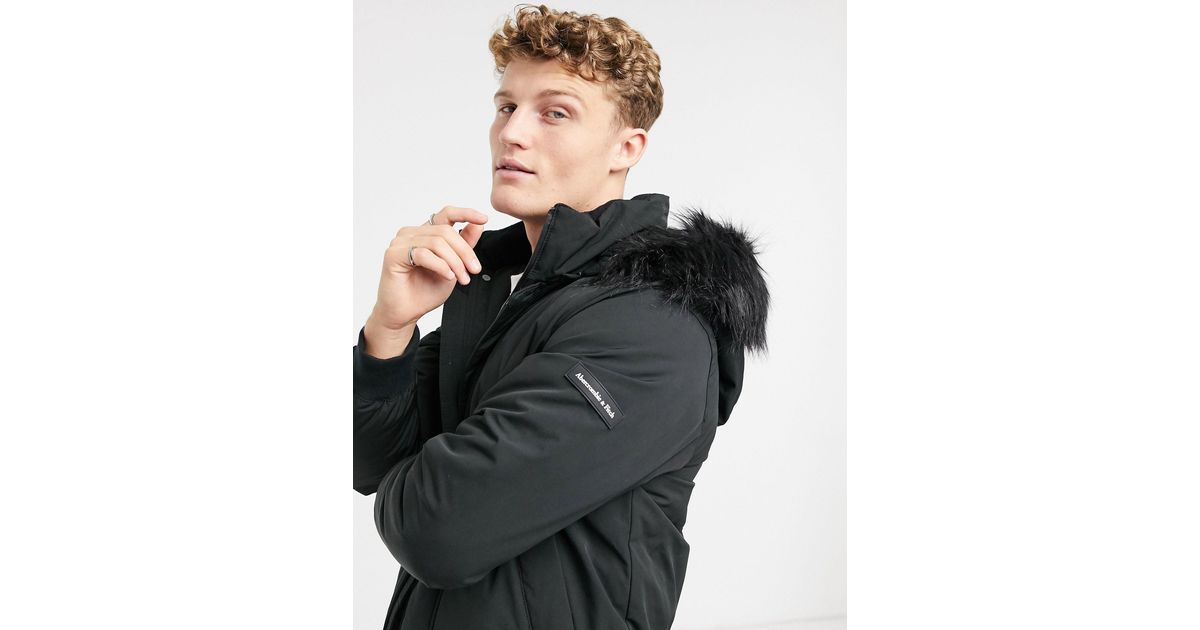 Abercrombie & Fitch Faux Fur Hood Ultra Bomber Jacket in Black for Men
