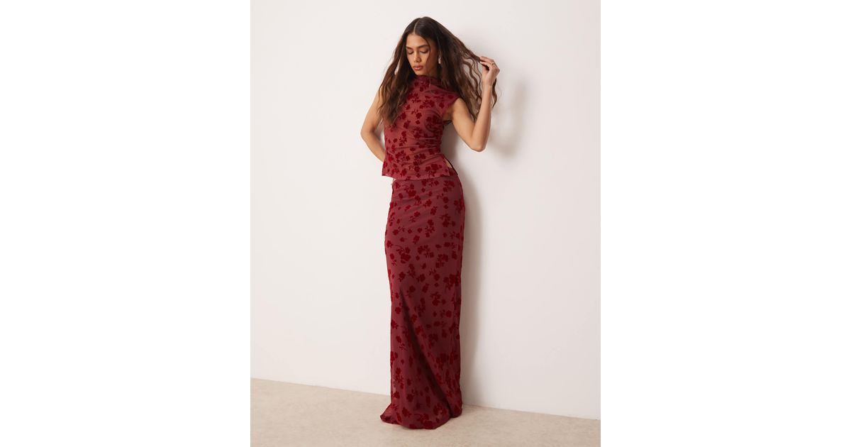 ASOS Flocked Mesh Low Rise Maxi Skirt in Red | Lyst