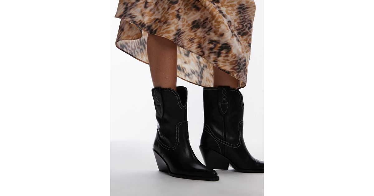 Free People Contrast Stitch Leather Western Boots in Black | Lyst