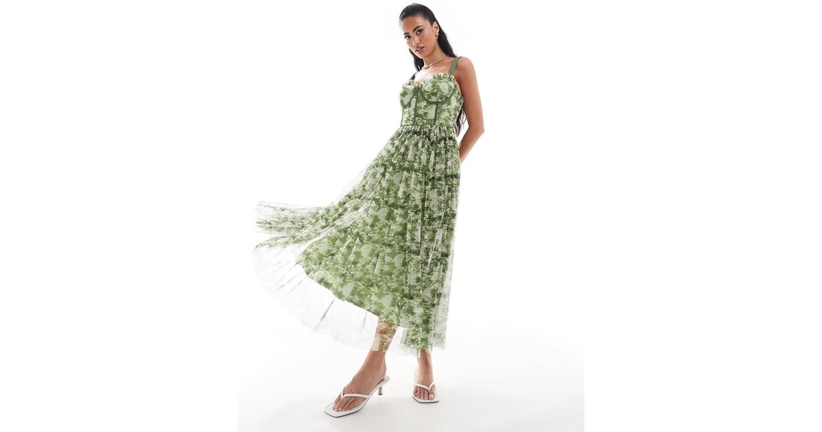 Robe mi-longue style corset en tulle à fleurs olive LACE BEADS