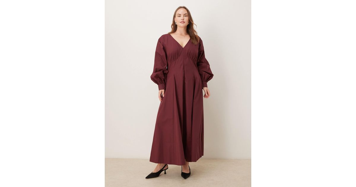 ASOS Asos Design Curve Long Sleeve V Neck Poplin Maxi Dress in Red | Lyst