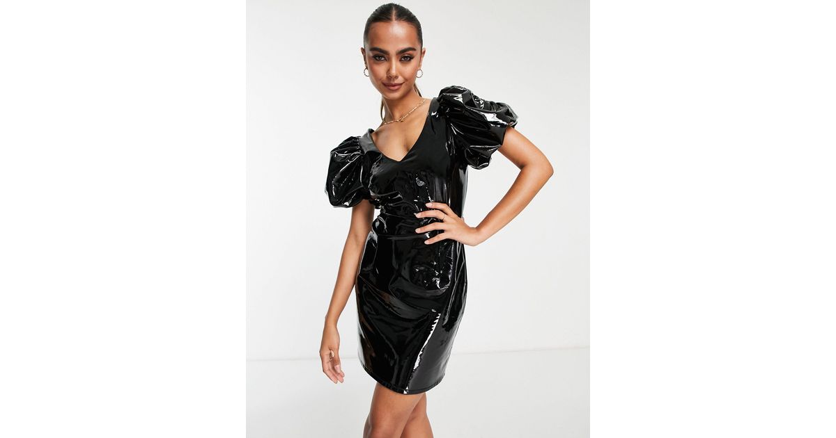 miss selfridge leather dress Miss Selfridge faux leather embellished trim mini dress with frill in black