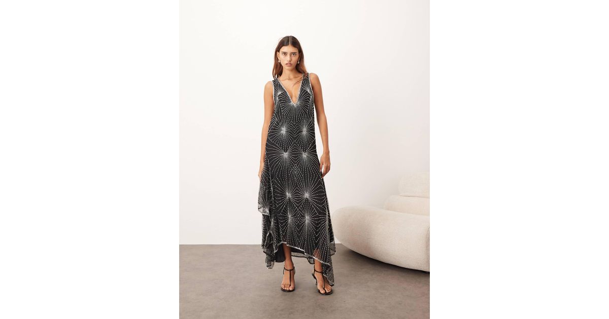 ARRANGE Art Deco Linear Embellished Asymmetric Midi Dress in Black | Lyst