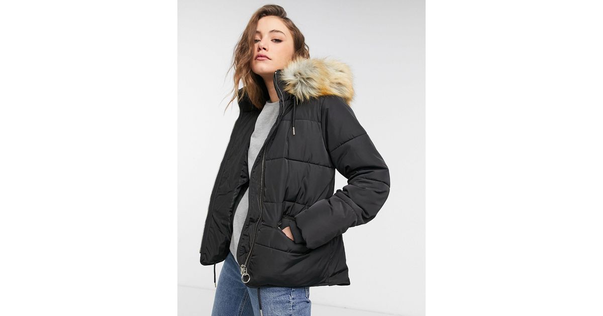 TOPSHOP Faux Fur Hooded Coat in Black | Lyst