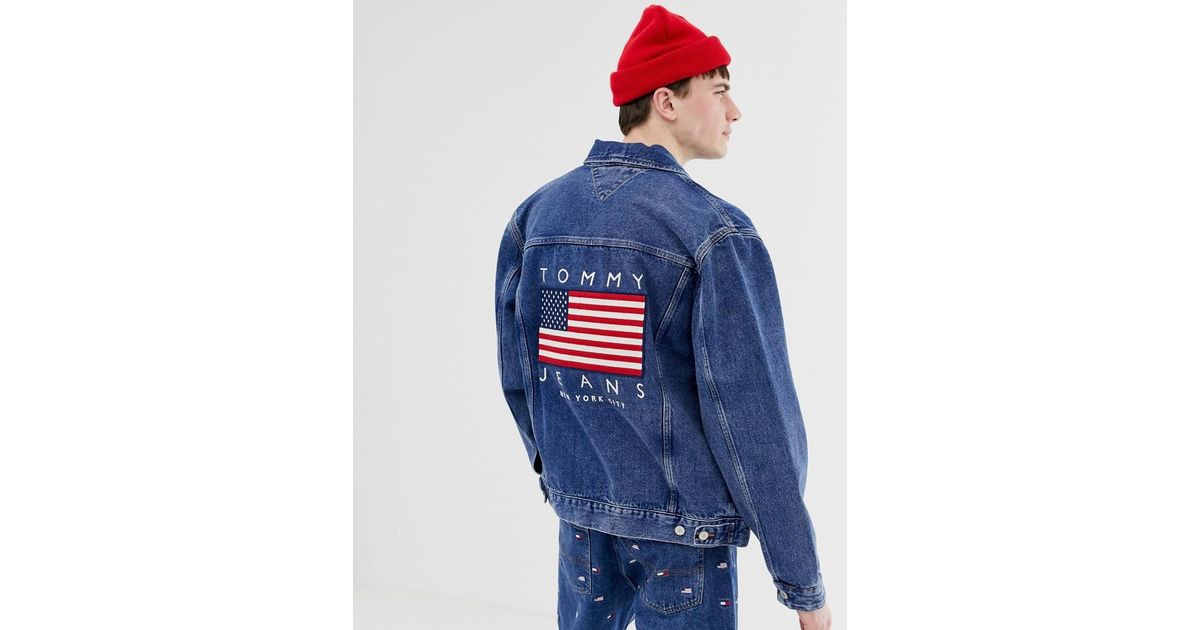 Tommy Hilfiger Us Flag Capsule Logo Print Denim Jacket In Mid Wash in Blue for Men | Lyst UK