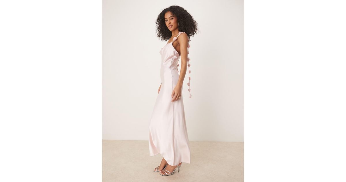 Gina Tricot Midi Satin Cowl Neck Dress With 3d Floral Applique in Natural |  Lyst