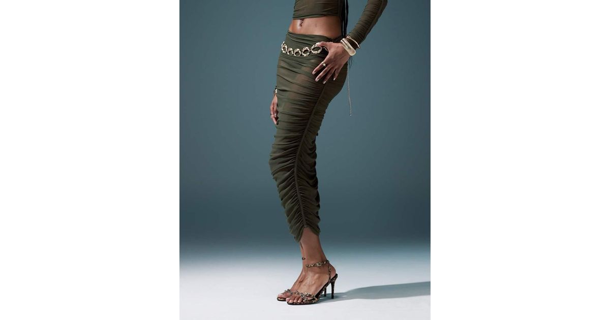 ASOS Co-Ord Ruched Mesh Midi Skirt in Green Lyst UK