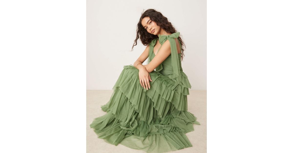 LACE & BEADS Bow Shoulder Tiered Tulle Maxi Dress in Green | Lyst