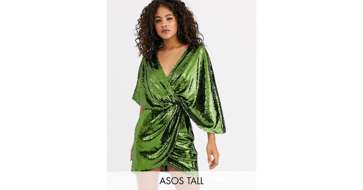 ASOS Asos Design Tall Sheet Sequin Mini Dress With Asymmetric Kimono Sleeve  in Green | Lyst