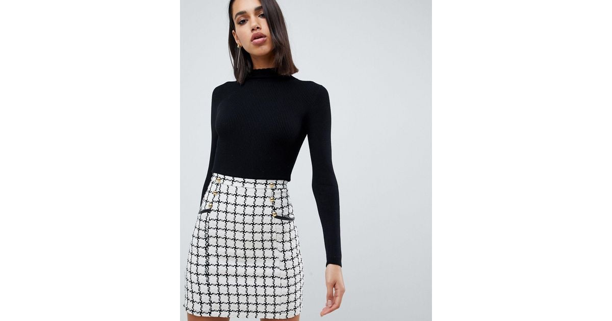 lipsy 2 in 1 dress with checked skirt in mono