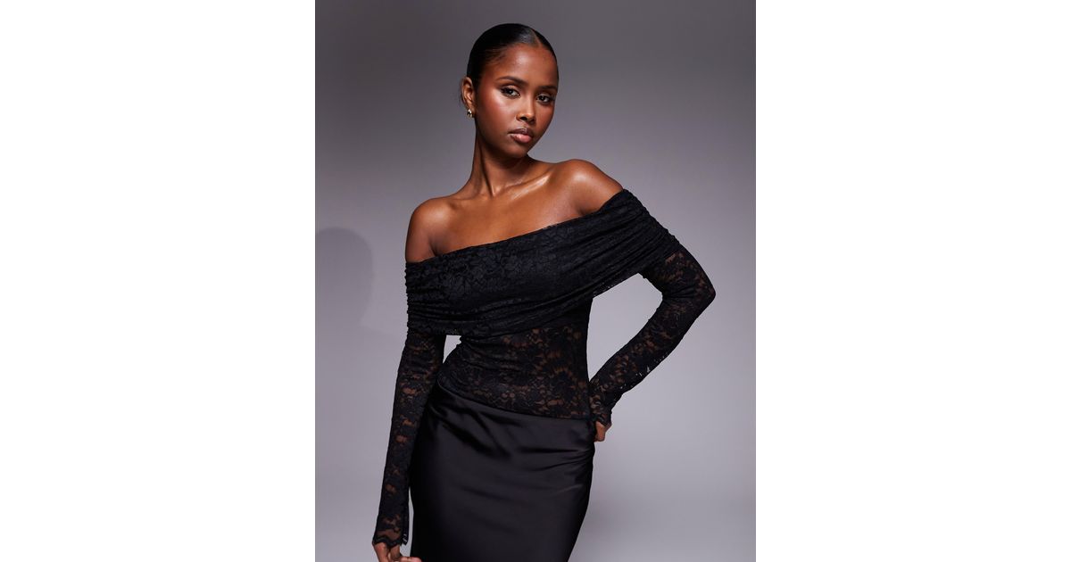 AFRM Off The Shoulder Long Sleeve Lace Bodysuit in Black | Lyst