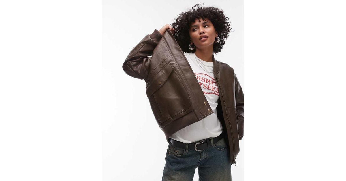 TOPSHOP Faux Leather Super Oversized Bomber Jacket With Borg