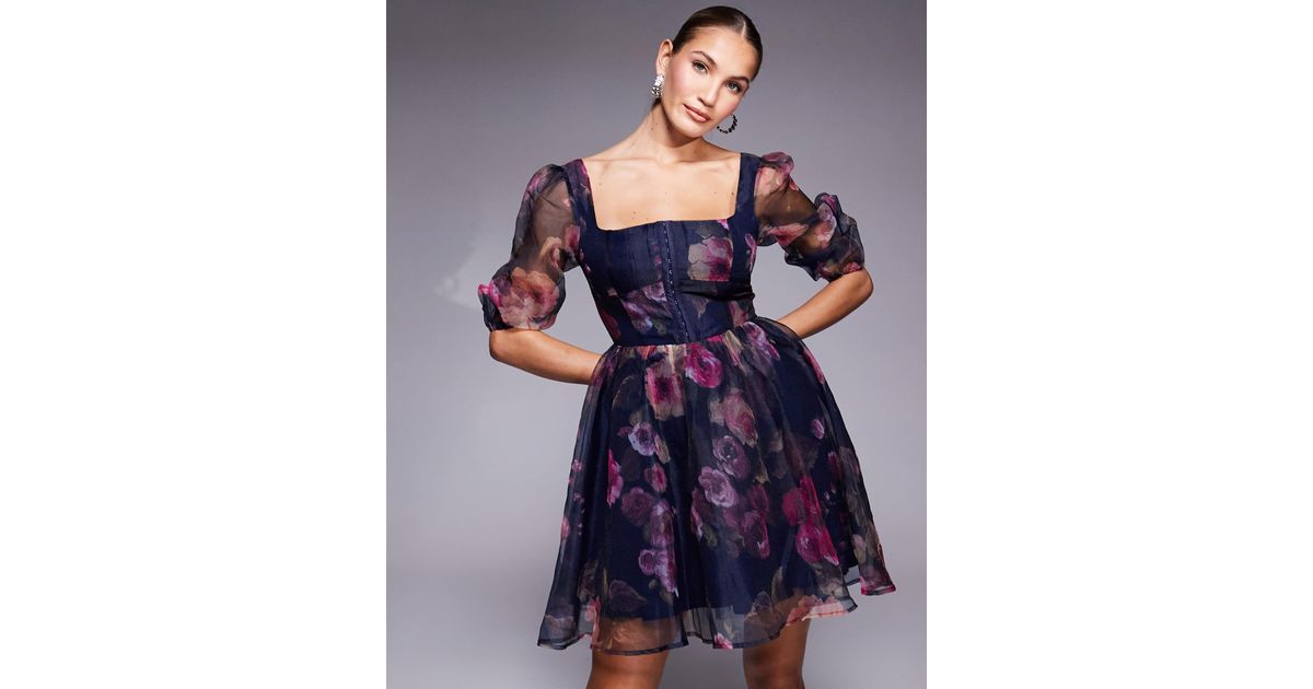 ワンピース [overdueflair] JEWEL STRAP ORGANZA MINI DRESS Texture Floral Organza Mini Dress