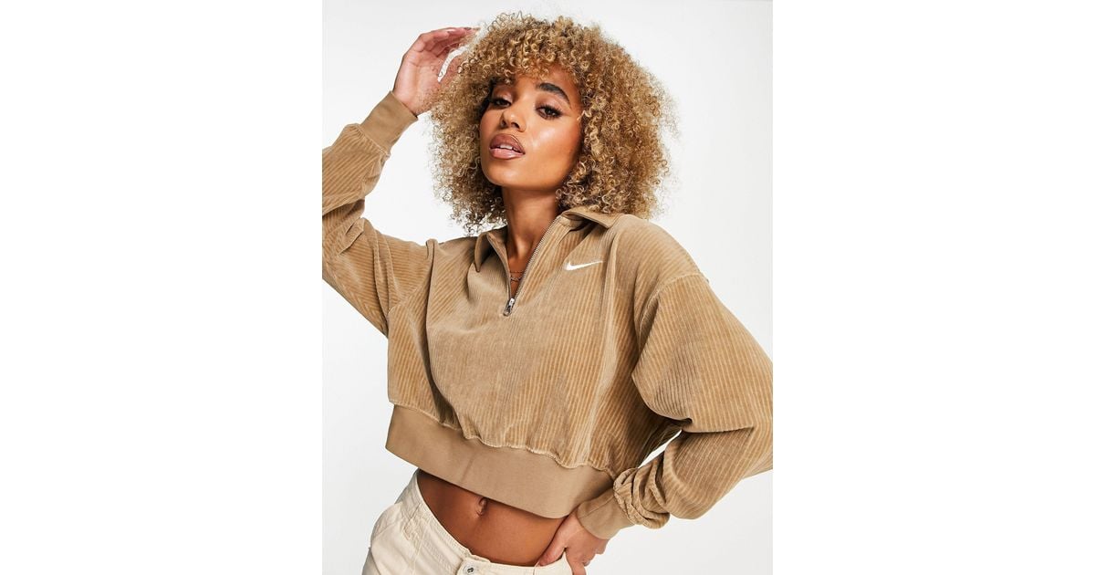 Nike Cropped Velour Quarter Zip Sweatshirt in Brown Lyst
